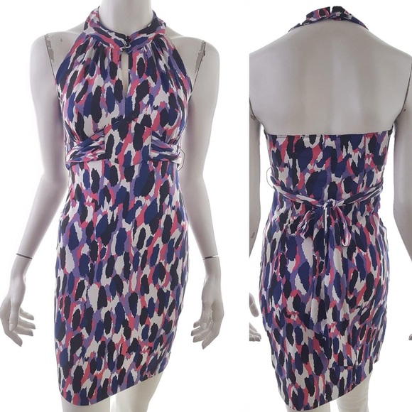 GUESS Keyhole Halter Open Back Multicolor Purple Pink Tie Back Mini Dress Sz L - Picture 9 of 9